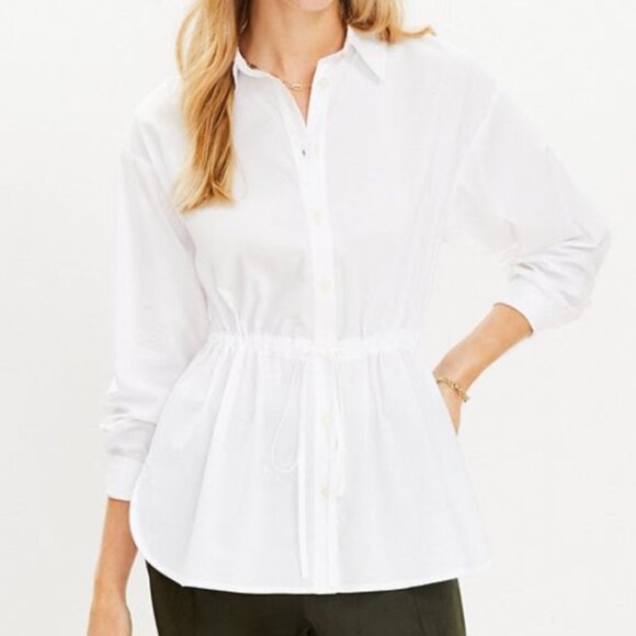 LOFT Drawstring Tunic Shirt Top Womens Small White Elastic Waist Business Casual - Picture 1 of 12